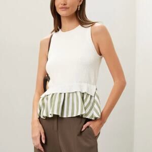 En Saison White Knit Peplum Top LARGE Sleeveless Coastal Preppy Designer $109